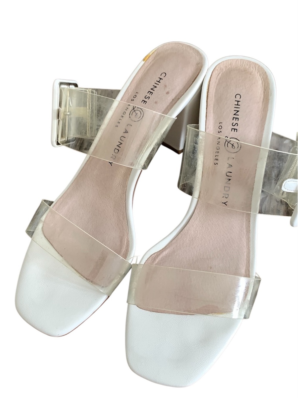 Chinese Laundry White Block Heel Mules with Clear Straps